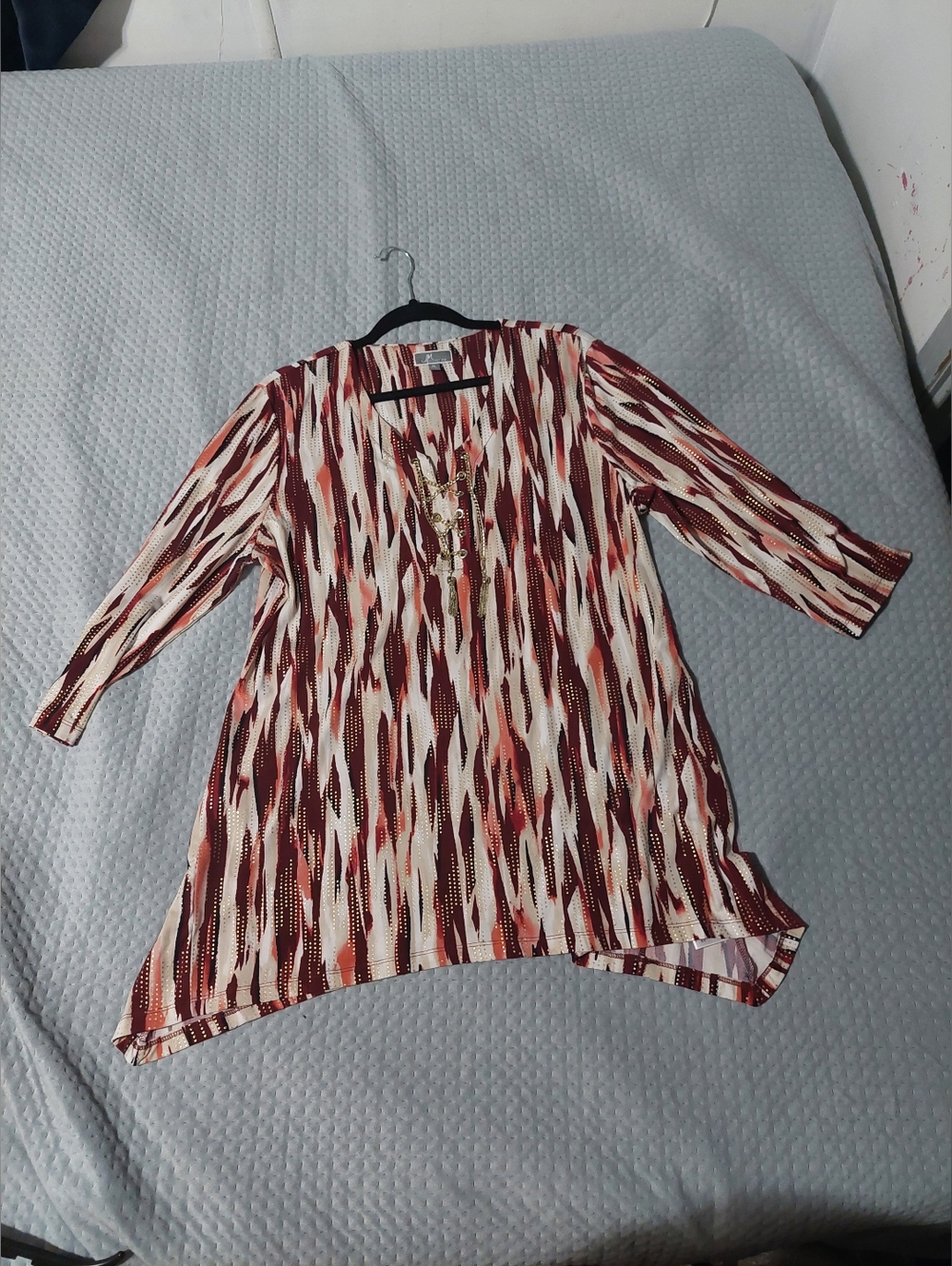 JM Collection Burgundy, Ivory & Rust Printed V-Neck Tunic